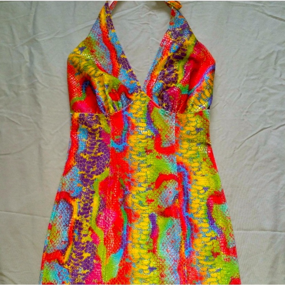 Vibrant Multicolor Snake Print Halter Dress Size S